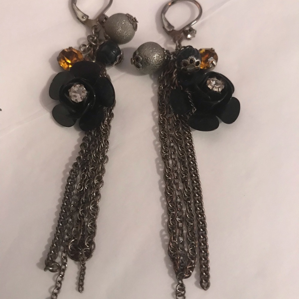 Betesy Johonson Vintage Black rose chain crystals, rhinestone topaz earrings